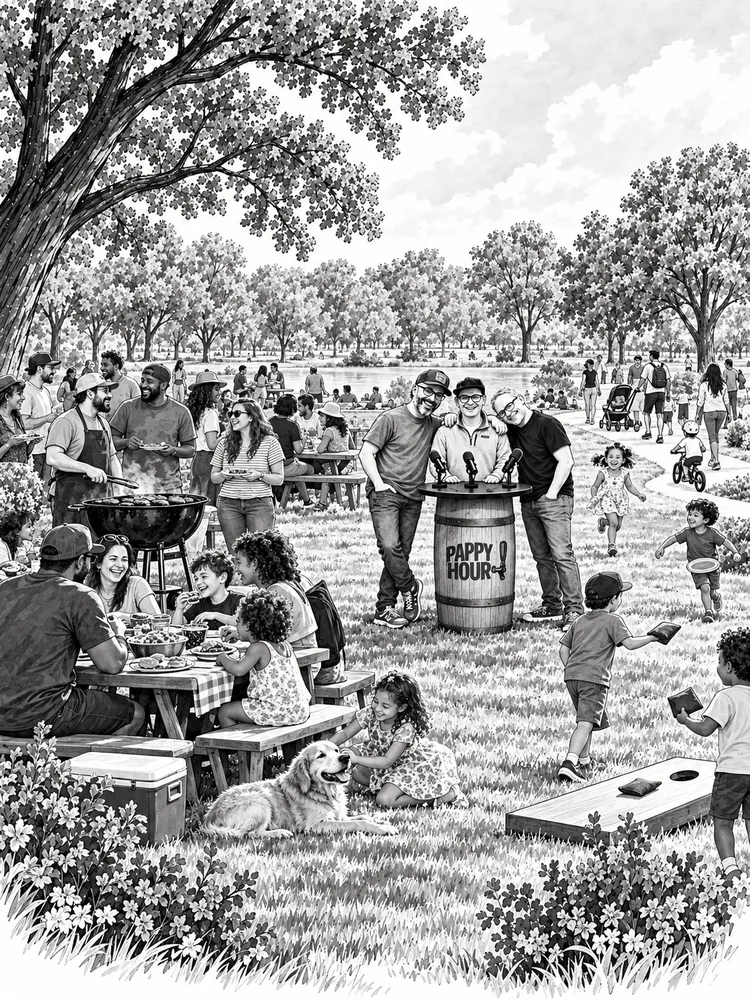 Ink illustration of Lucas, Eric, and Miguel at a family-friendly cookout with their community in the park