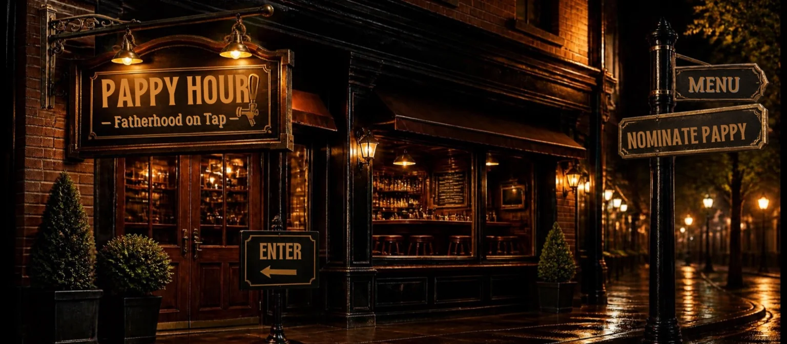 Night view of the Pappy Hour pub storefront: a glowing brass-lit sign reading Pappy Hour, Fatherhood on Tap, double wooden doors, and an Enter sign on the sidewalk.